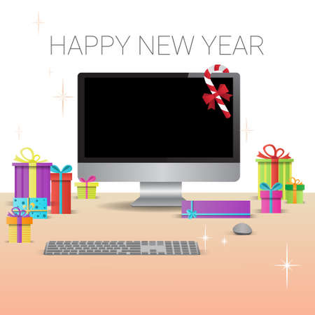 Decorated Workplace Computer Happy New Year Internet Christmas Sale Decoration Flat Illustrationのイラスト素材