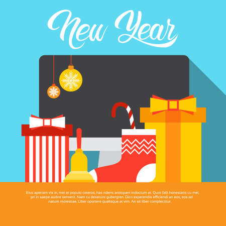 Decorated Computer Happy New Year Internet Christmas Sale Decoration Flat  Illustrationのイラスト素材