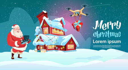 Santa Claus Hold Remove Controller Drone Delivery Present, New Year Christmas Holiday Flat Illustrationのイラスト素材