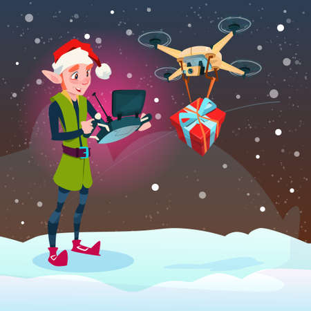Green Elf Hold Remove Controller Drone Delivery Present, New Year Christmas Holiday Flat  Illustrationのイラスト素材