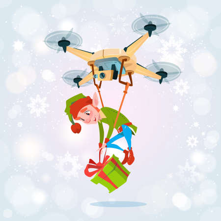Drone Green Elf Delivery Present, Happy New Year Merry Christmas Holiday Flat Illustrationのイラスト素材