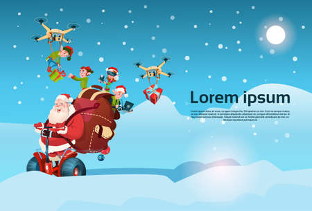 Santa Claus With Sack Ride Electric Segway Scooter, Elf Flying On Drone Present Delivery Christmas Holiday New Year Flat Illustrationのイラスト素材
