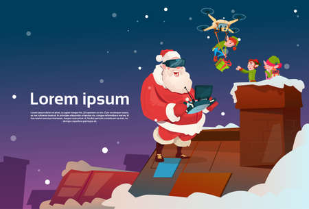 Santa Claus Wear Virtual Reality Glasses Elfs On Roof, Drone Delivery Present, New Year Christmas Holiday Flat Vector Illustrationのイラスト素材