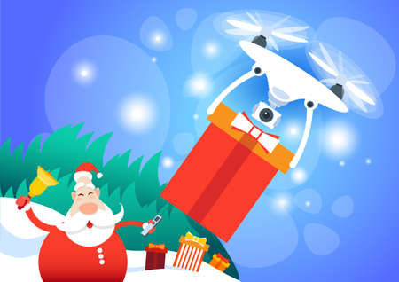 Santa Claus Drone Delivery Present, New Year Merry Christmas Holiday Flat Vector Illustrationのイラスト素材