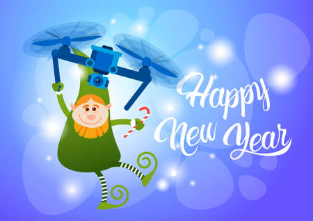 Green Elf Flying On Drone Present Delivery, Happy New Year Merry Christmas Holiday Banner Flat Vector Illustrationのイラスト素材