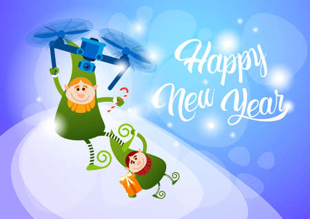 Green Elf Flying On Drone Present Delivery, Happy New Year Merry Christmas Holiday Banner Flat Vector Illustrationのイラスト素材