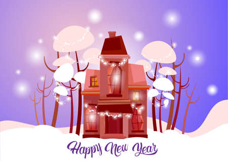 Snowy Village House Happy New Year Merry Christmas Greeting Card Banner Flat Vector Illustrationのイラスト素材