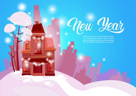 Snowy House Happy New Year Merry Christmas Greeting Card Banner Flat Vector Illustrationのイラスト素材