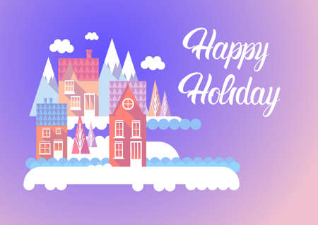 City Happy New Year Merry Christmas Holiday Greeting Card Banner Flat Vector Illustrationのイラスト素材