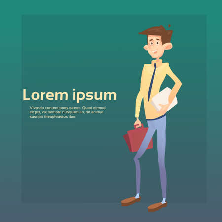 Business Man Manager Hold Suitcase Document, Businessman Banner With Copy Space Flat Vector Illustrationのイラスト素材