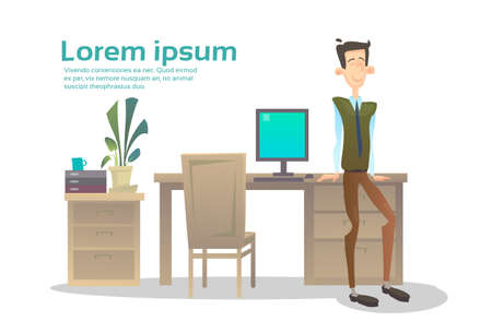 Business Man Interior Workplace, Businessman Manager Office Worker Flat Vector Illustrationのイラスト素材