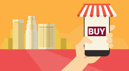 Hand Hold Cell Smart Phone Application Online Shopping Banner Flat Vector Illustrationのイラスト素材