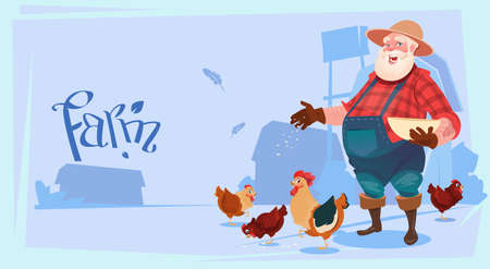 Farmer Feed Chicken Breeding Hen For Food Farm Flat Vector Illustrationのイラスト素材