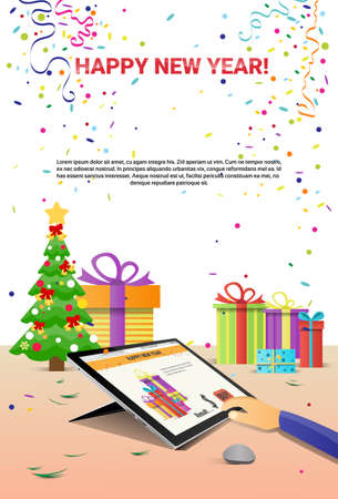 Decorated Workplace Tablet Computer Hands Using Happy New Year Internet Christmas Sale Decoration Flat Vector Illustrationのイラスト素材