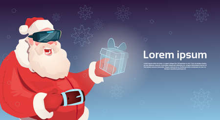 Santa Claus Wear Digital Glasses Hold Virtual Reality Present Box Merry Christmas Happy New Year Flat Vector Illustrationのイラスト素材