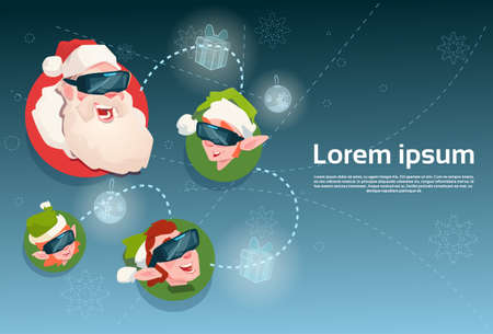 Santa Clause And Green Elf Group Wear Digital Glasses Virtual Reality Merry Christmas Happy New Year Flat Vector Illustrationのイラスト素材