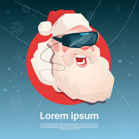 Santa Claus Wear Digital Glasses Hold Virtual Reality Present Box Merry Christmas Happy New Year Flat Vector Illustrationのイラスト素材