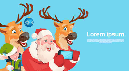 Santa Claus With Reindeer Elfs Making Selfie Photo, New Year Christmas Holiday Greeting Card Flat Vector Illustrationのイラスト素材