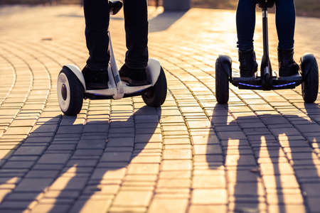 Male legs on electrical scooter outdoors gyroscooter personal transport