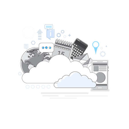 Cloud Computing Technology Device Set Internet Data Information Storage Thin Line Vector Illustrationのイラスト素材