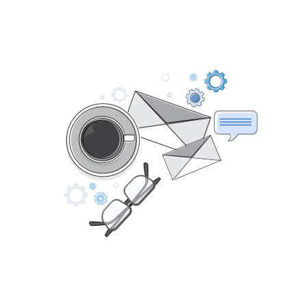 Office Workplace Desk Top Angle View Thin Line Vector Illustrationのイラスト素材
