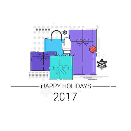 Merry Christmas Happy New Year Simple Line Sketch Banner Card Outline Vector Illustrationのイラスト素材