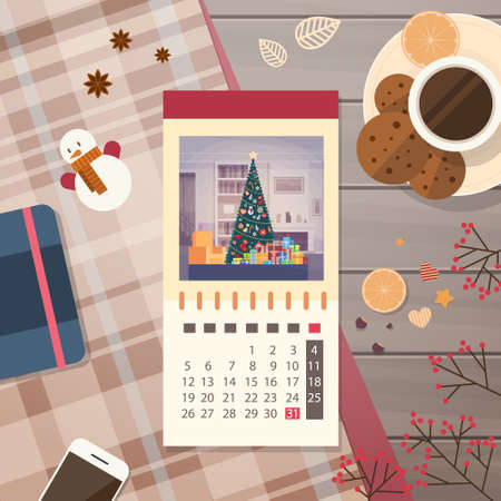 Festive Calendar Decorated Workspace Top Angle View Happy New Year Merry Christmas Greeting Card Flat Vector Illustrationのイラスト素材