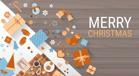 Decorated Workspace Desk With Presents Top Angle View Flat Vector Illustrationのイラスト素材