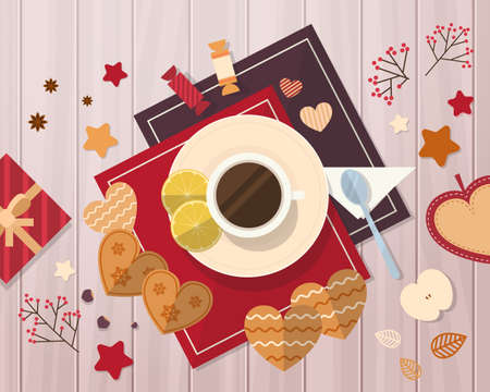 Decorated Workspace Desk Cup With Cookies Top Angle View Flat Vector Illustrationのイラスト素材