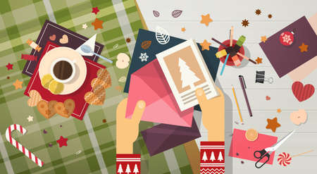 Merry Christmas Wish List Letter To Santa Clause Happy New Year Greeting Card Send Flat Vector Illustrationのイラスト素材