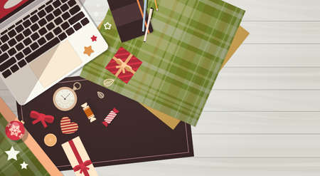 Decorated Workspace Desk Copy Space Top Angle View Flat Vector Illustrationのイラスト素材