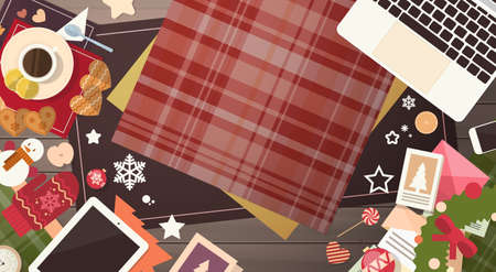 Decorated Workspace Desk Copy Space Top Angle View Flat Vector Illustrationのイラスト素材