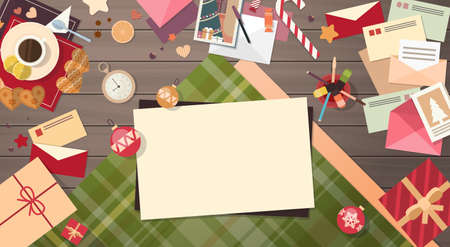 Decorated Workspace Desk Copy Space Top Angle View Flat Vector Illustrationのイラスト素材