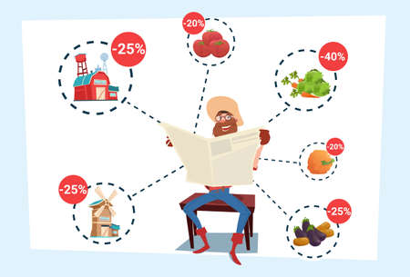 Farmer Cartoon Character Senior Cowboy Read Newspaper Farm Seasonal Sale Flat Vector Illustrationのイラスト素材