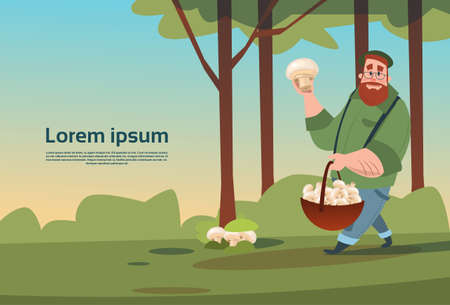 Man With Basket Picking Mushrooms In Forest Flat Vector Illustrationのイラスト素材