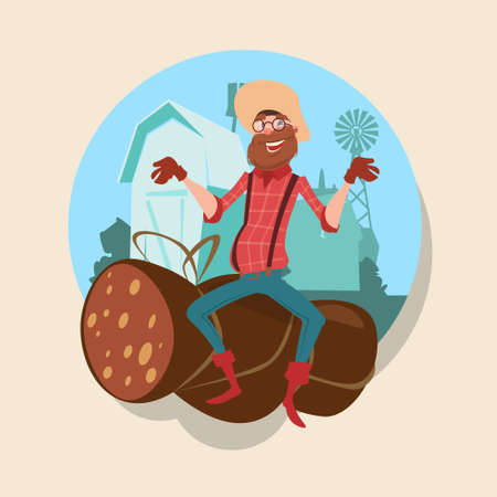 Farmer Sit On Big Wurst Butcher Animal Farm Flat Vector Illustrationのイラスト素材