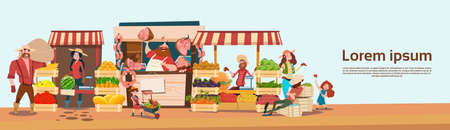 Farmer Family Sell Harvest Products Grocery On Eco Farm Organic Market Seasonal Sale Flat Vector Illustrationのイラスト素材