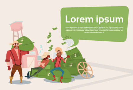 Rich Farmers Countryman With Money Sacks Farm Background Flat Vector Illustrationのイラスト素材