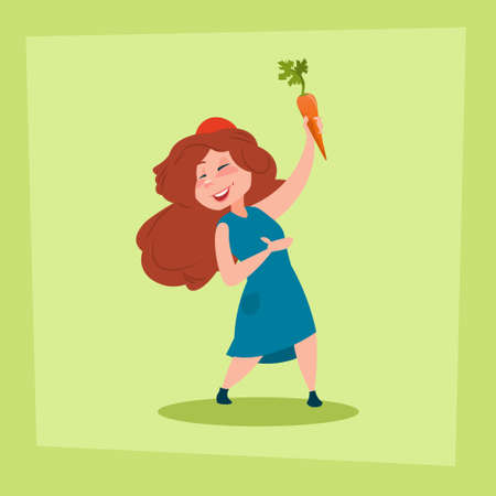 Little Girl Holding Carrot Farmers Daughter Flat Vector Illustrationのイラスト素材