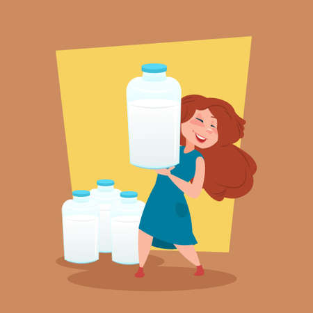 Small Girl Farmer Hold Milk Bottle Eco Farming Concept Flat Vector Illustrationのイラスト素材