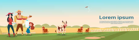 Farmers Family Cows Fresh Milk Dairy Products Eco Farming Banner Flat Vector Illustrationのイラスト素材