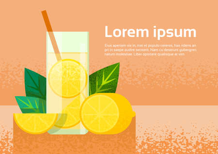 Lemon Citrus Lemonade Glass Banner With Copy Space Flat Vector Illustrationのイラスト素材