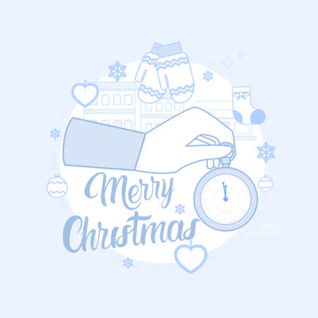 Hand Hold Clock Happy New Year Merry Christmas Greeting Card Thin Line Vector Illustrationのイラスト素材