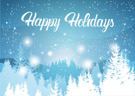 Happy Holidays Winter Mountain Forest Landscape Background, Pine Snow Trees Woods Flat Vector Illustrationのイラスト素材