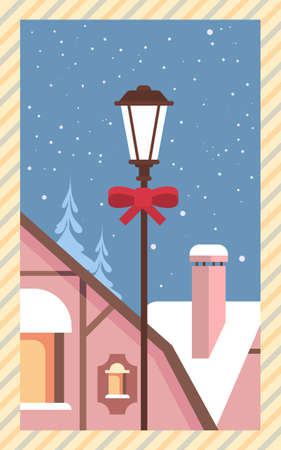 Decorated Lantern Snowy House Happy New Year Merry Christmas Greeting Card Retro Poster Flat Vector Illustrationのイラスト素材