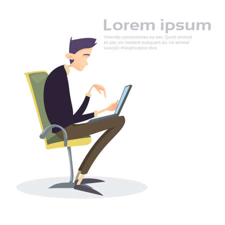 Business Man Sitting Chair Working Laptop Computer Typing Flat Vector Illustrationのイラスト素材