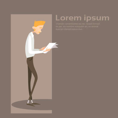 Business Man Read Paper Document Contract Full Length Businessman Flat Vector Illustrationのイラスト素材