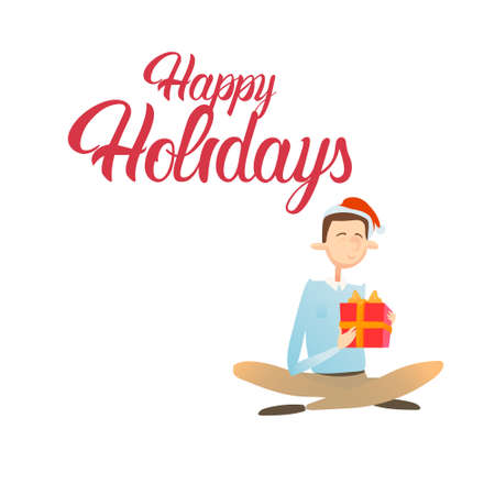 Happy Business Man Hold Present Box Gift Merry Christmas And Happy New Year Flat Vector Illustrationのイラスト素材