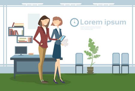 Business Woman In Office Workplace, Businesswoman Hold Paper Contract Documents Flat Vector Illustrationのイラスト素材