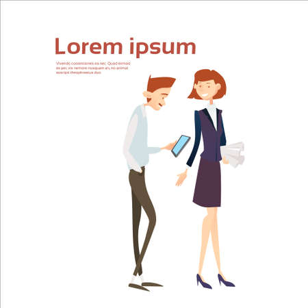 Business Man Using Cell Smart Phone Message Chatting Business Woman Communication Flat Vector Illustrationのイラスト素材